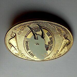 Vintage Gold Belt Buckle 1989 Fur Rendezvous Goat Anchorage Alaska Never Worn Un